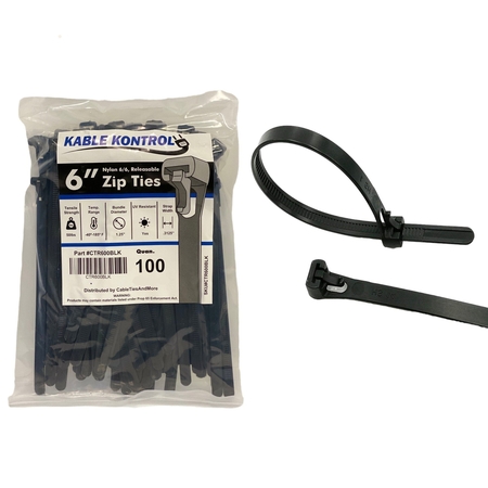Kable Kontrol Kable Kontrol® Releasable Reusable Zip Ties - 6" Long - 50 Lbs Tensile Strength - 100 pack - UV Black CTR600BLK